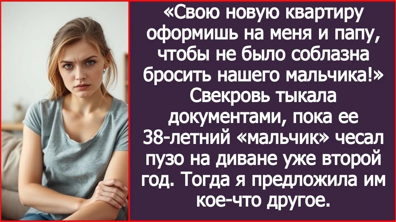 Квартиру оформишь на меня и папу, чтобы не было соблазна бросить нашего мальчика! Заявила свекровь.