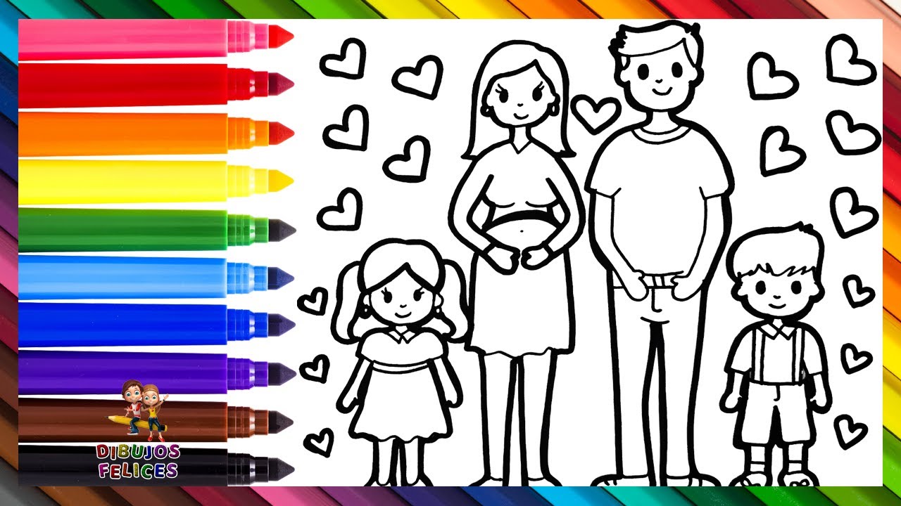 Dibuja y Colorea Una Familia 👩🤰👨👧👦❤️ Padres E Hijos 👨‍👩‍👧‍👧🌈 Dibujos Para Niños