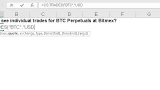 Use =CS.TRADES to pull trade data for any crypto asset or derivative in Cryptosheets