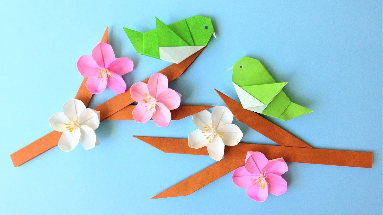 折り紙 うぐいすと梅の花 折り方 Origami Warbler Bird And Plum Flower Tutorial Niceno1 Youtube