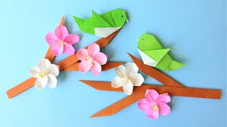 折り紙 うぐいすと梅の花 折り方 Origami Warbler bird and plum flower tutorial（niceno1）