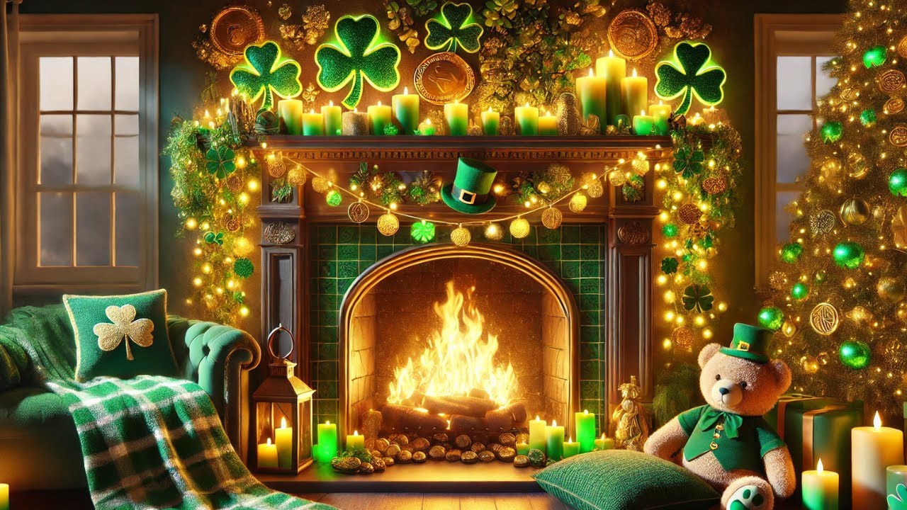 ☘️  Magical St  Patrick's Day Fireplace 🌟 Crackling Fire Relaxing Ambience