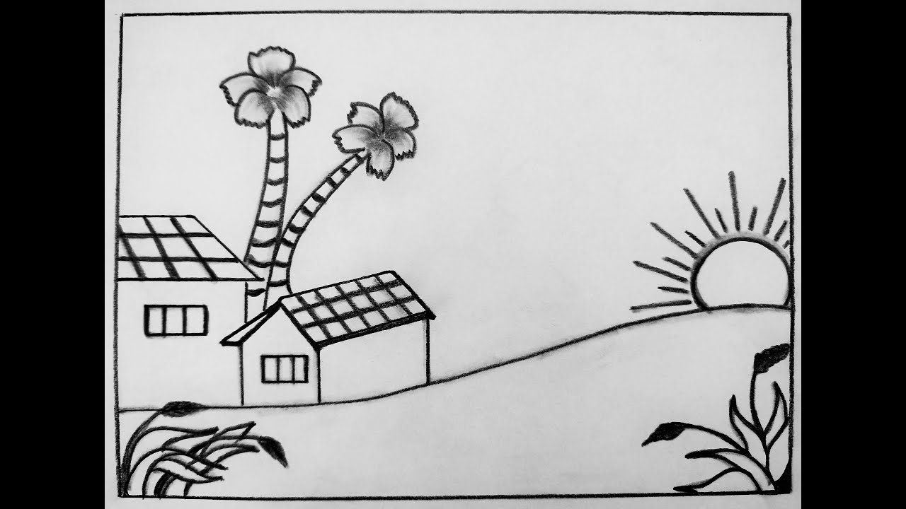 House  and  palm  tree  drawing   /   Village  drawing  the  easy  way