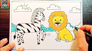 vẽ động vật hoang dã ở châu phi - mĩ thuật lớp 5 - vẽ khu rừng thân thiện - ngựa vằn, sư tử | KCzit
