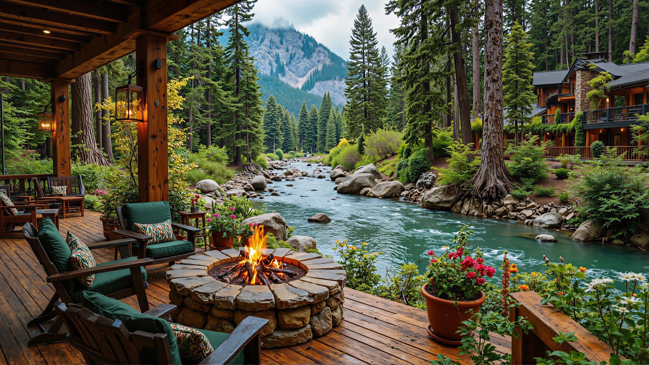 Soothing Piano Music River Porch Nature Sounds 🌿🔥 Campfire Sounds for ...