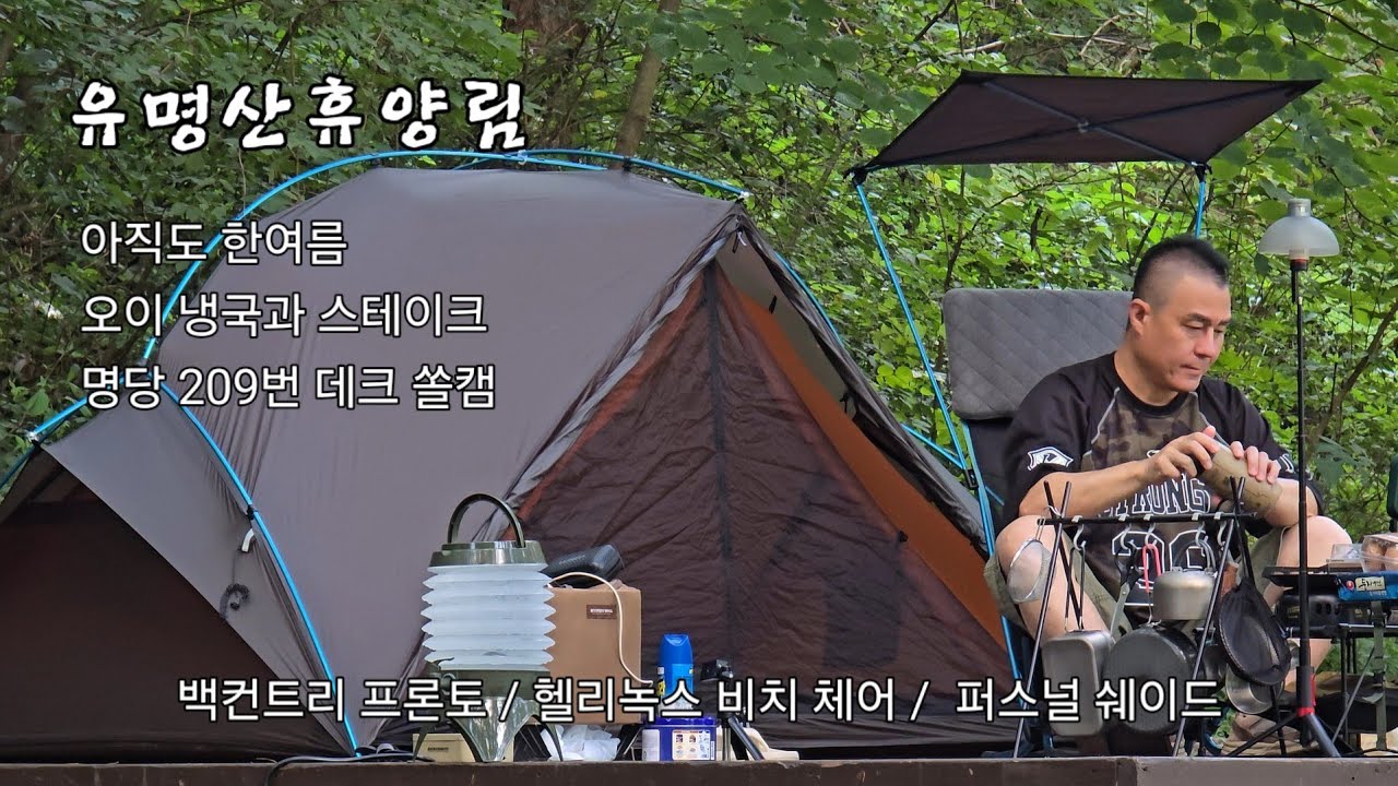 아직 한여름 이구나. 유명산휴양림 명당 209번 솔로 캠핑. 오이냉국과 살치살 스테이크. 백컨트리 프론토 / 헬리녹스 비치 체어/퍼스널 쉐이드 