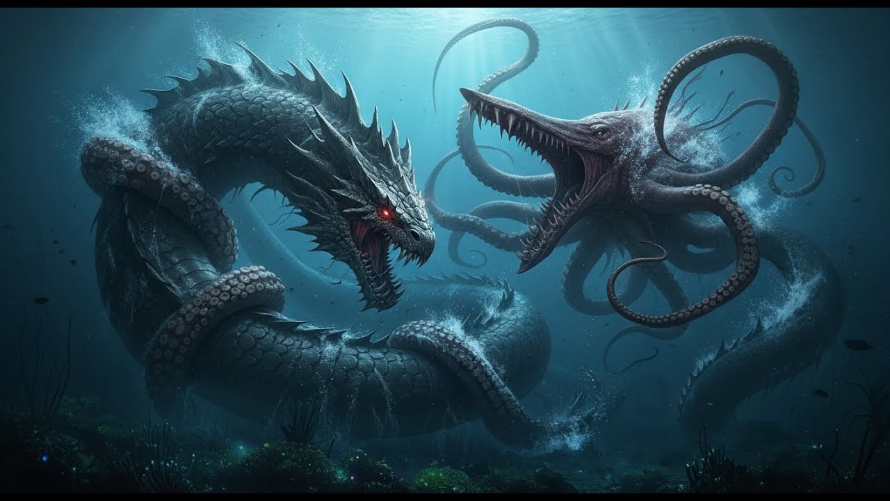 Leviathan vs Kraken – Giant Sea Monsters Clash in the Deep Ocean