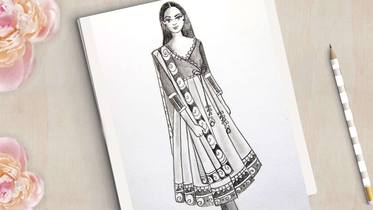 How to Draw a Girl with Beautiful Traditional dress || Dress Drawing