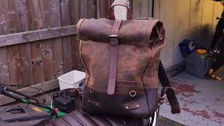 Luxury leather motorcycle luggage. The Hybrid saddlebag/Backpack, from Trip Machine Co.