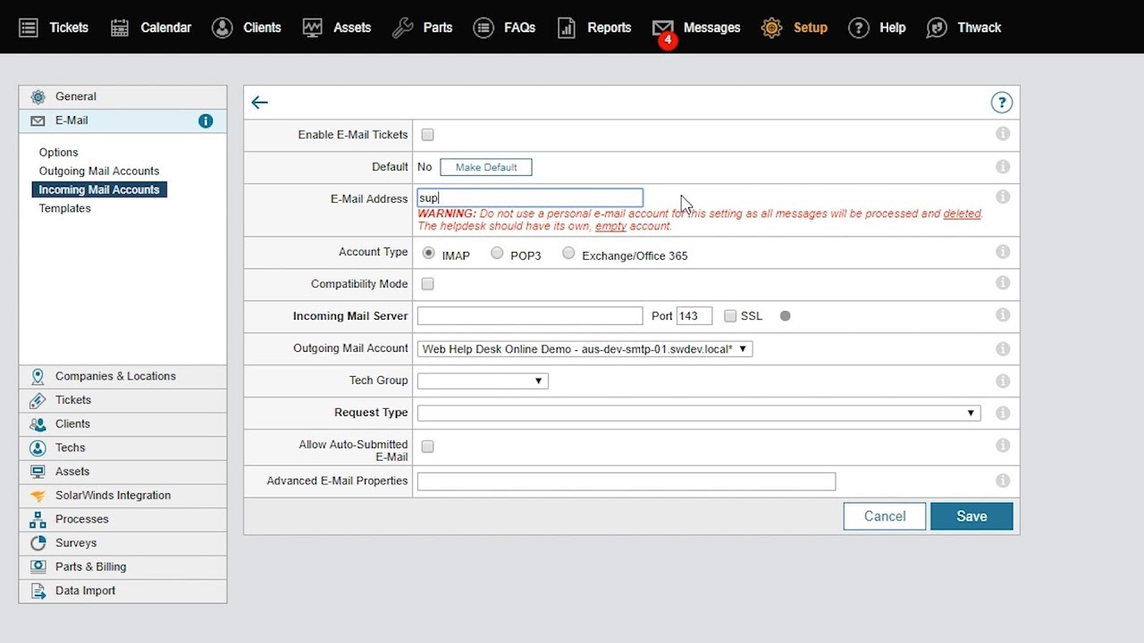 Ticketing options. SOLARWINDS Network configuration Manager. SOLARWINDS web help Desk 12. Ticket email. Trainer settings.