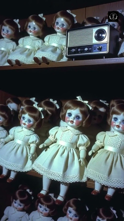 Inside a dimly lit toy factory at night, hundreds of porcelain dolls sit on shelves#3danimation