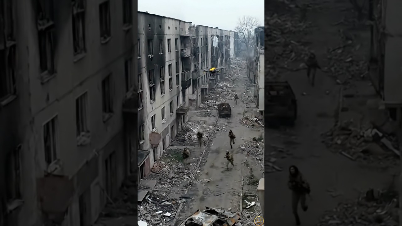 Разведывательный беспилотник отслеживает передвижение войск по разрушенному войной городу.