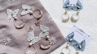 パールフープと蝶の耳飾りをハンドメイド　ピアス　ノンホールピアス　イヤリング