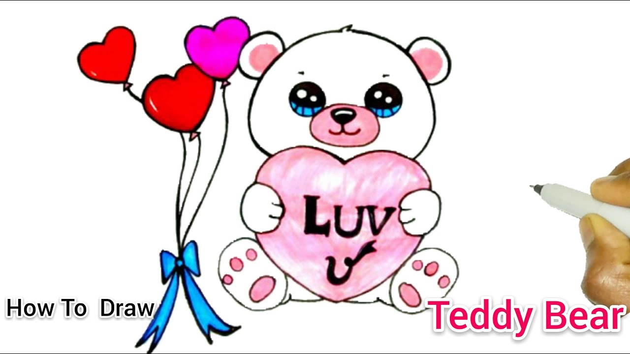 How To Draw + Colour A Teddy Bear For Valentine's Day Very Easy ...