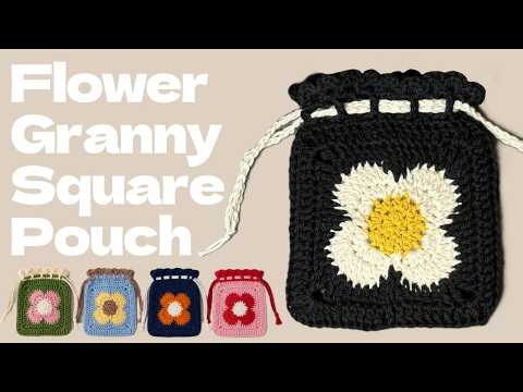 Crochet for Beginners🔰】Flower Granny Square Drawstring Bag