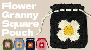 Crochet for Beginners🔰】Flower Granny Square Drawstring Bag