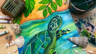 SCHOOL IDEA : Sea Turtle in the Ocean Painting Timelapse