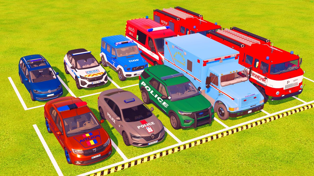 TRANSPORTING POLICE CARS, AMBULANCE, FIRE TRUCK, COLORFUL CARS WITH TRUCK - FS22 