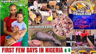 Our First Few days In Nigeria, Eating street food I have missed for Years/hunting for goat/Unboxing