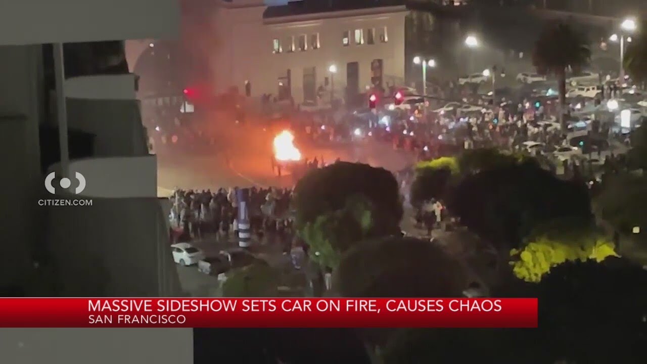 Massive sideshow sets car on fire in San Francisco - YouTube