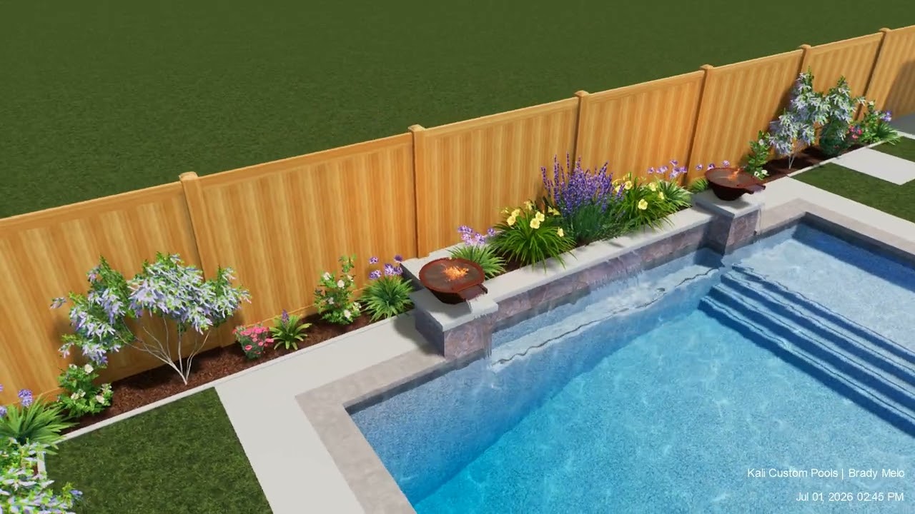 Jake's new pool design with raised water features and fire bowls