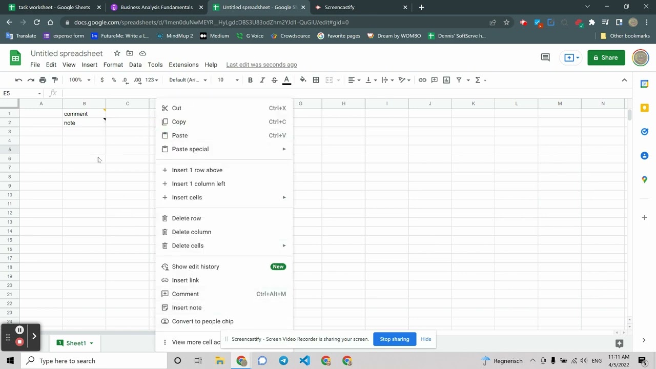 google sheets the diff between comments and notes