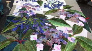 Agapanthus and Hydrangea aspera - textile collage - Amanda Richardson Artist