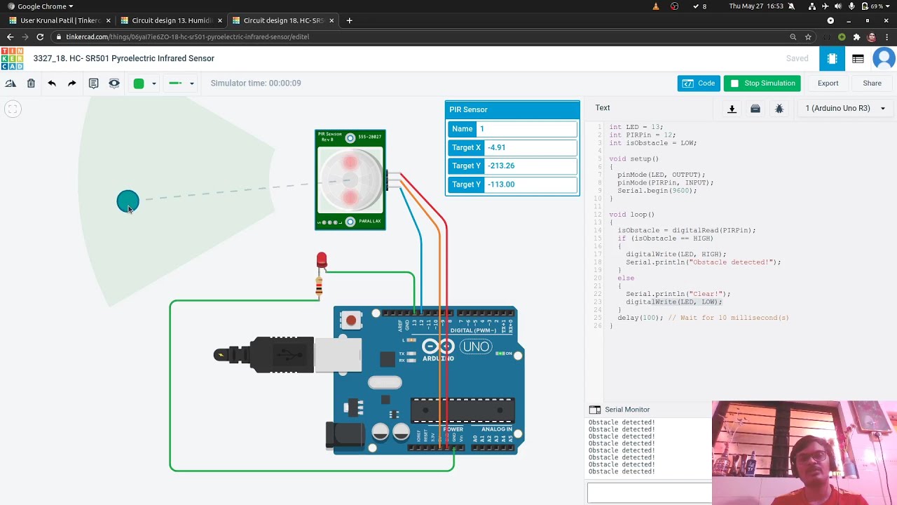 18 HC SR501 Pyroelectric Infrared Sensor implementation in Tinkercad