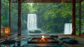 Zen Garden In Spring Rain  Rain and Fire Sound, Waterfall Scene For Healing, Relaxing