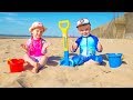 Gaby and Alex had a Fun Day on the Beach! Playing with Sand and other Kids Toys