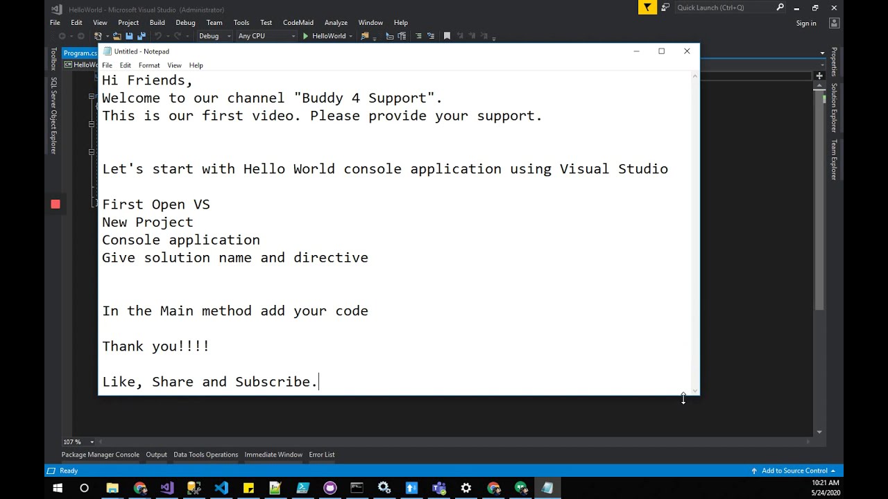 Hello World Console Application using visual studio - YouTube