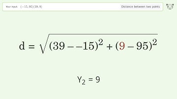 Find the distance between two points p1 (-15,95) and p2 (39,9): Step-by-Step Video Solution