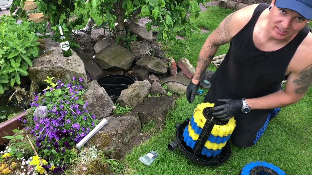 Filter media replacement in a pressurised pond filter.