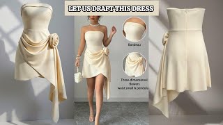 How to Draft & Sew a Strapless Asymmetrical Draped Mini Dress | Rose Detail Pattern Tutorial