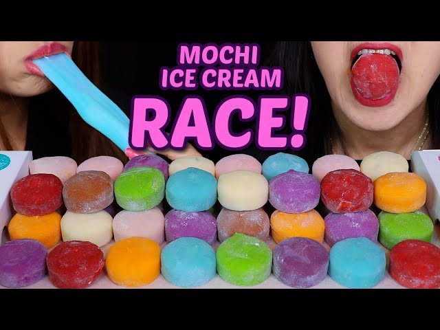 ASMR MOCHI ICE CREAM RACE! (soft and sticky eating sounds) 모찌 아이스크림 리얼사운드 먹방 もちアイス SPEED EATING class=