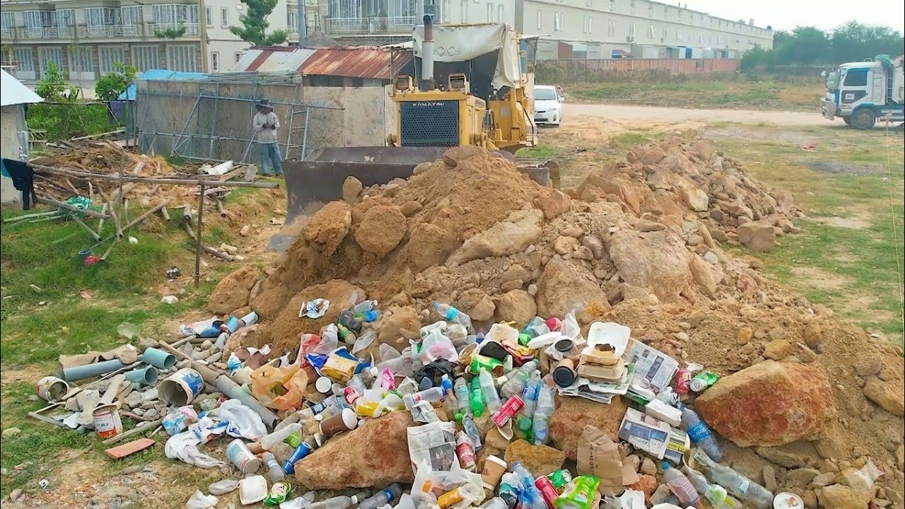Fantastic New Actions!! Landfilling Power Skills Dozer D58E Pushing Soil Into Water With Trucks 5Ton