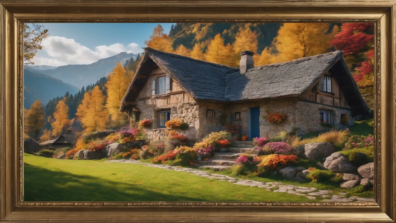 Rustic House with Garden Flowers. Gold framed Vintage art screensaver. 4k TV Painting background