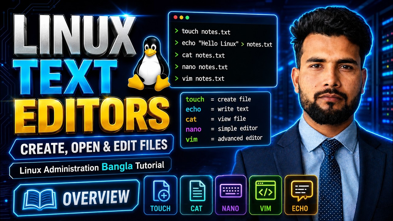 #13 Text Editor Basics in Linux | Create & Open Files using touch, cat ...