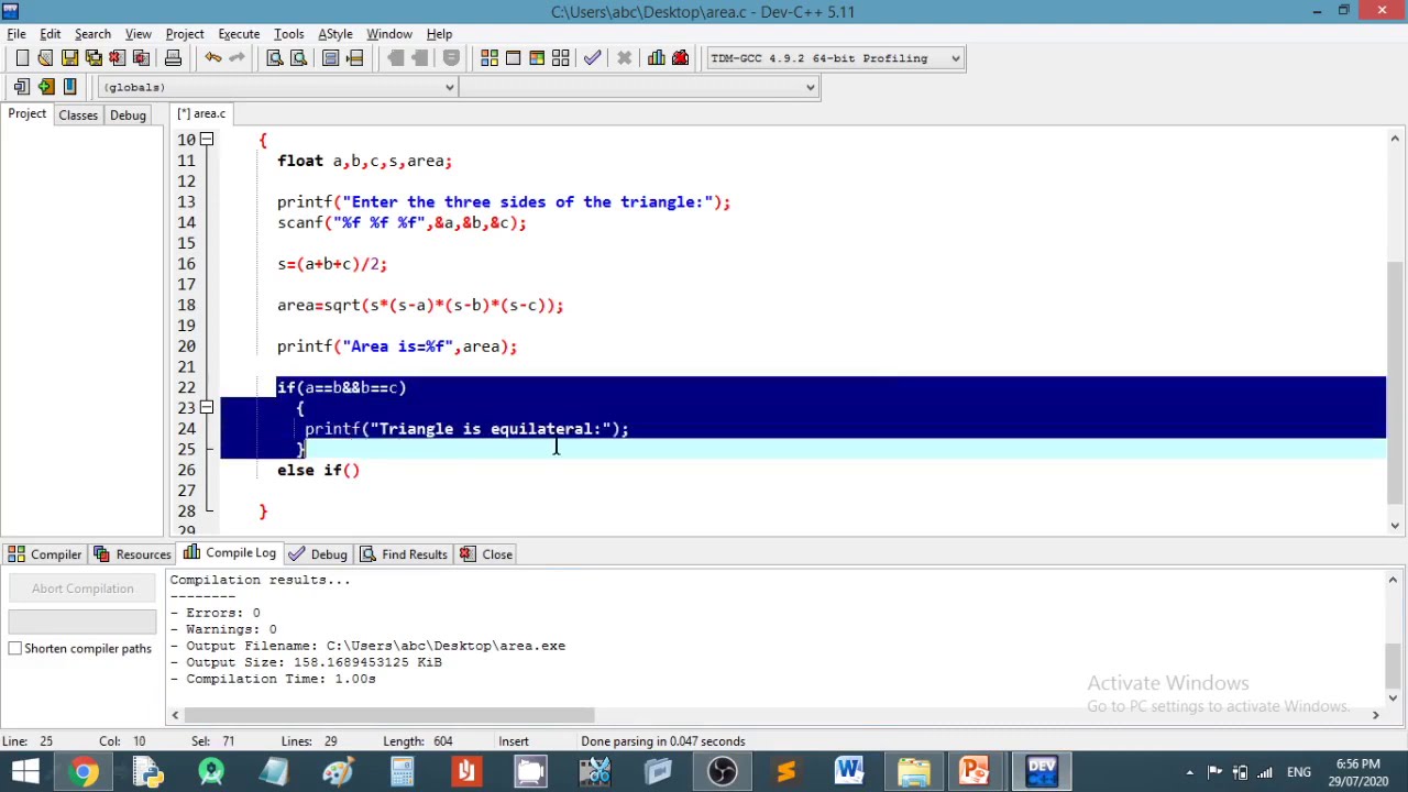 C Program to find the area and nature of a triangle - YouTube