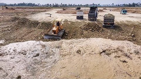 Best Action Great New Project Land Fill With Skill Driver DumpTruck& Bulldozer Pushing Soil Clea Mud