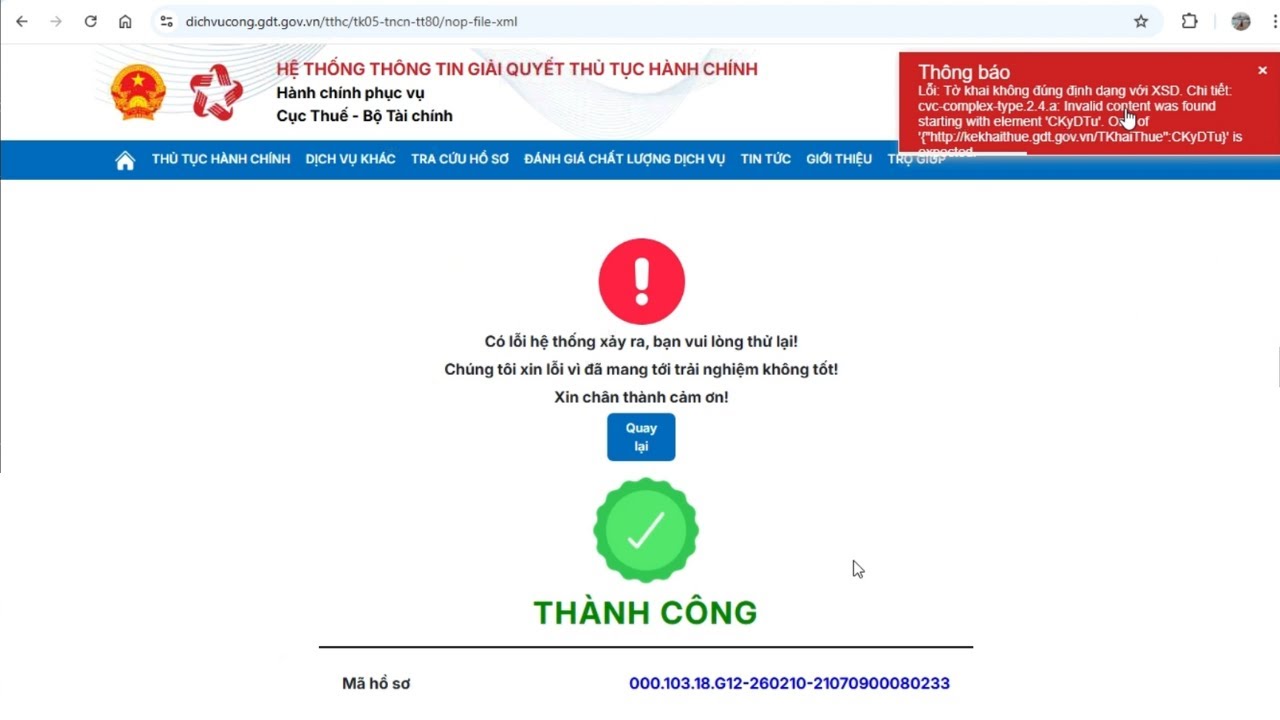 Tờ khai không đúng định dạng với XSD và lỗi ký số trên dịch vụ công khi nộp mẫu 05/KK-TNCN TT80