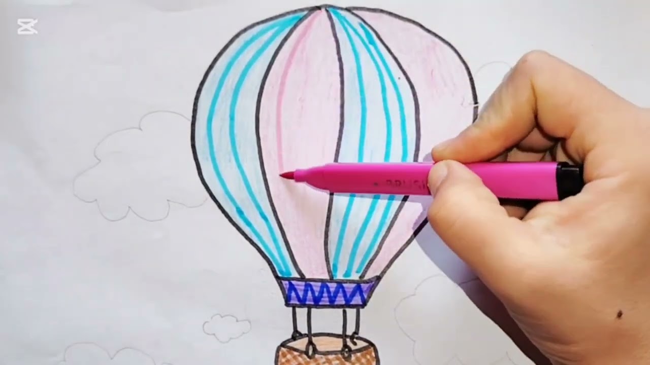 Simple Hot Air Balloon Drawing with Clouds