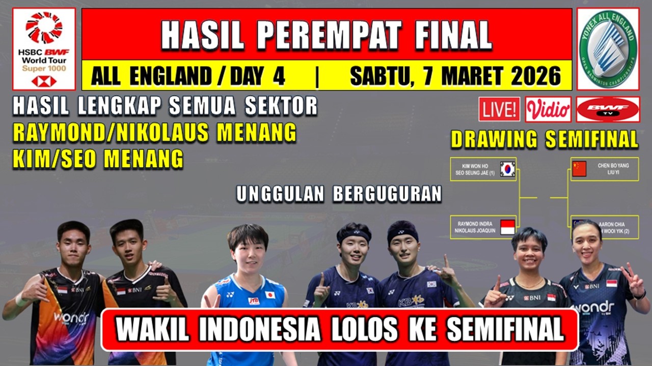 Hasil Lengkap 8 Besar All England Open 2026 Hari Ini ~ INDONESIA & MALAYSIA KE SEMIFINAL