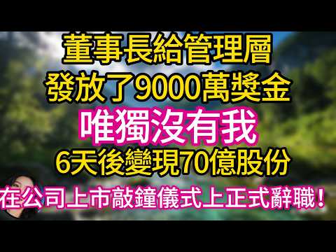 董事長給管理層發放了9000萬獎金，唯獨沒有我，我沉默，6天後變現70億股份，在公司上市敲鐘儀式上正式辭職！