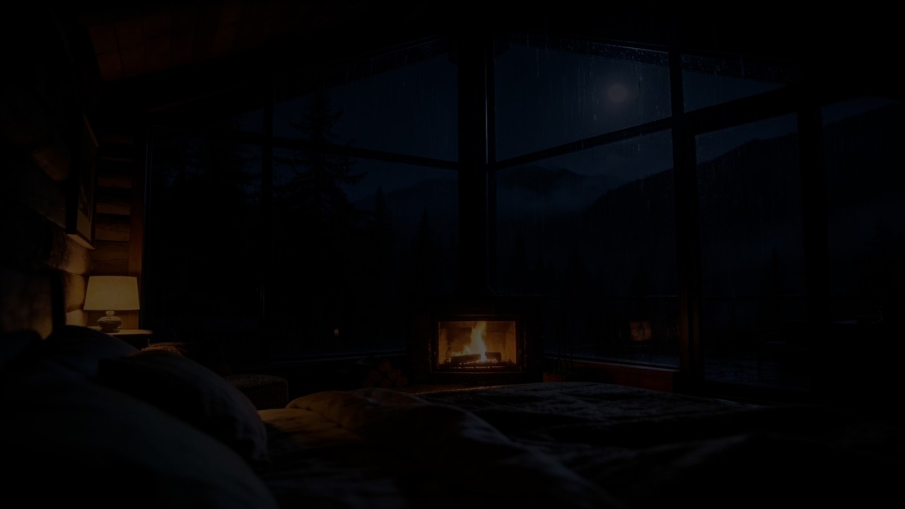 Rainy Mountain Cabin Night 🌧️ Moonlight, Fireplace & Rain on Window for Deep Sleep (No Ads)