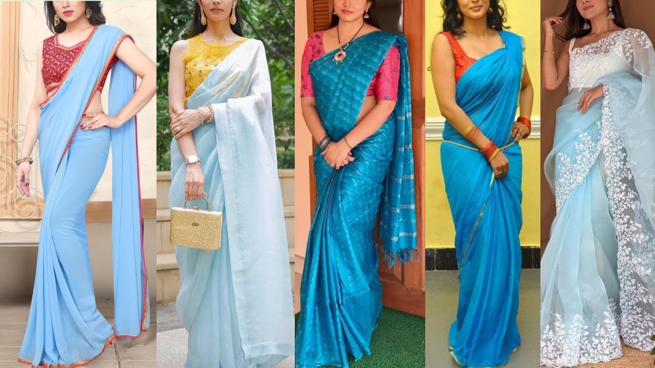 Top 7 Contrast Blouse Ideas with Sky Blue Saree - YouTube