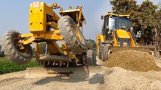 Amzing Grader Stunt and Work - JCB Backhoe and Grader Grading Road - Making Road in Poor Country