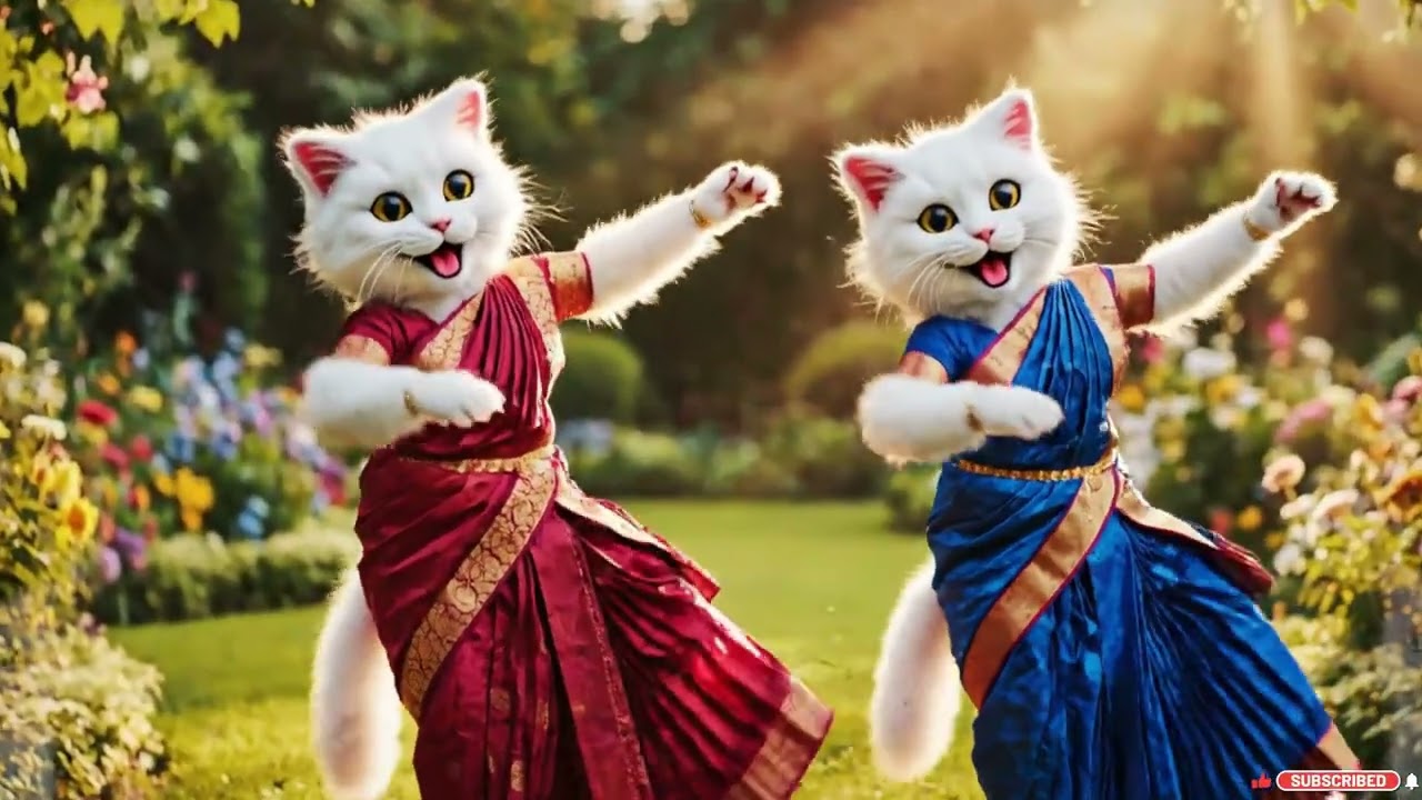 Three Fluffy White Cats Dancing Like Humans in Colorful Sarees | Joyful Garden Dance 