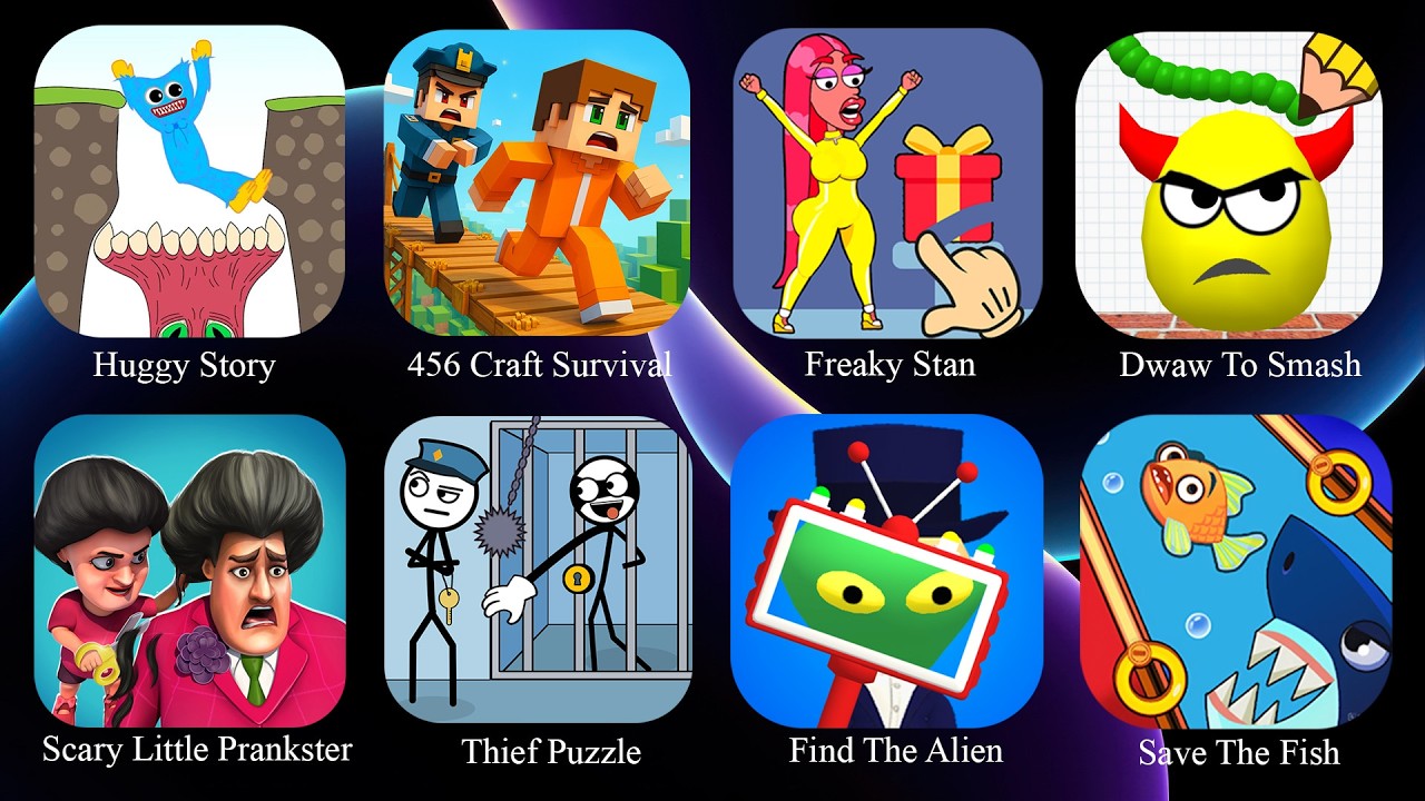 Huggy Funny Story, 456 Craft Survival, Death Puzzle, Find The Alien, Thief Puzzle