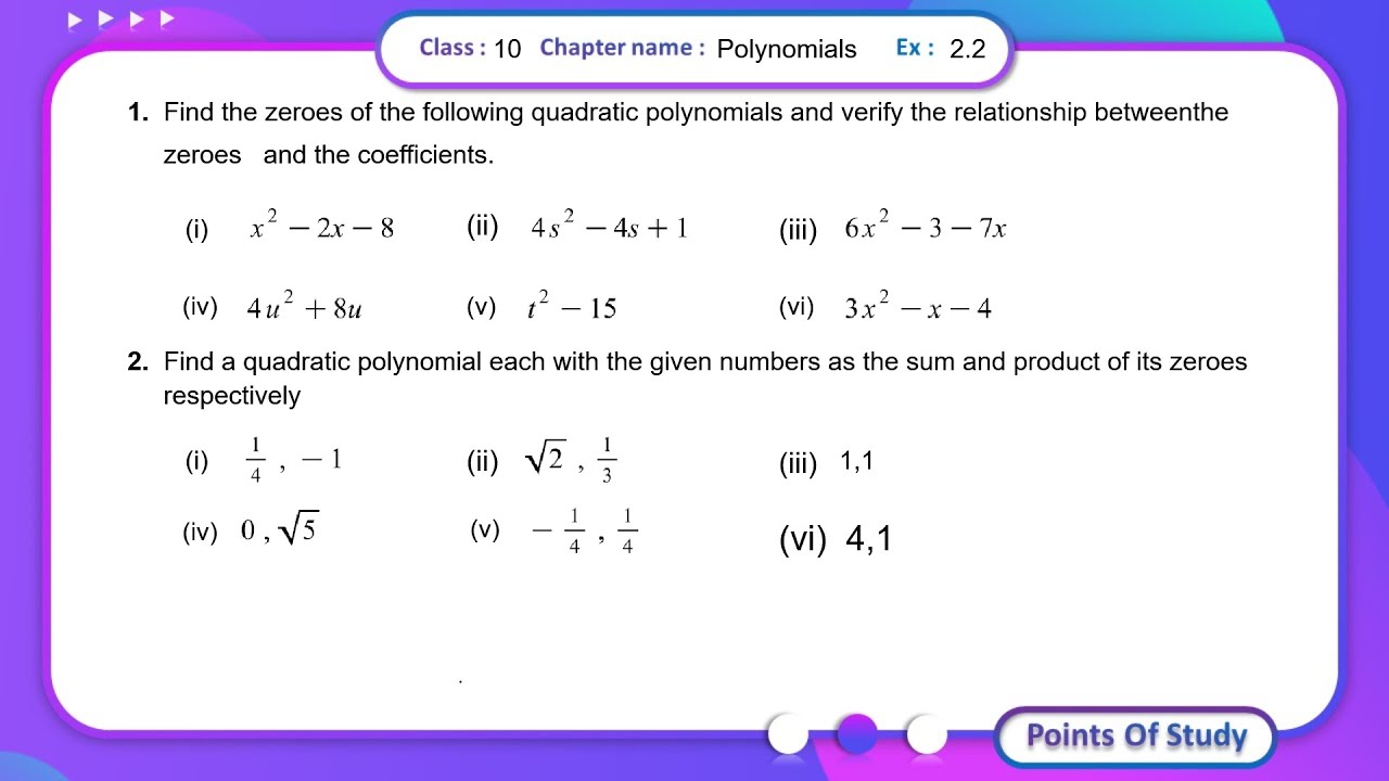 Class 10 Math chapter 2 exercise 2.2 (Q1 to Q2) |#ncert #pointsofstudy ...
